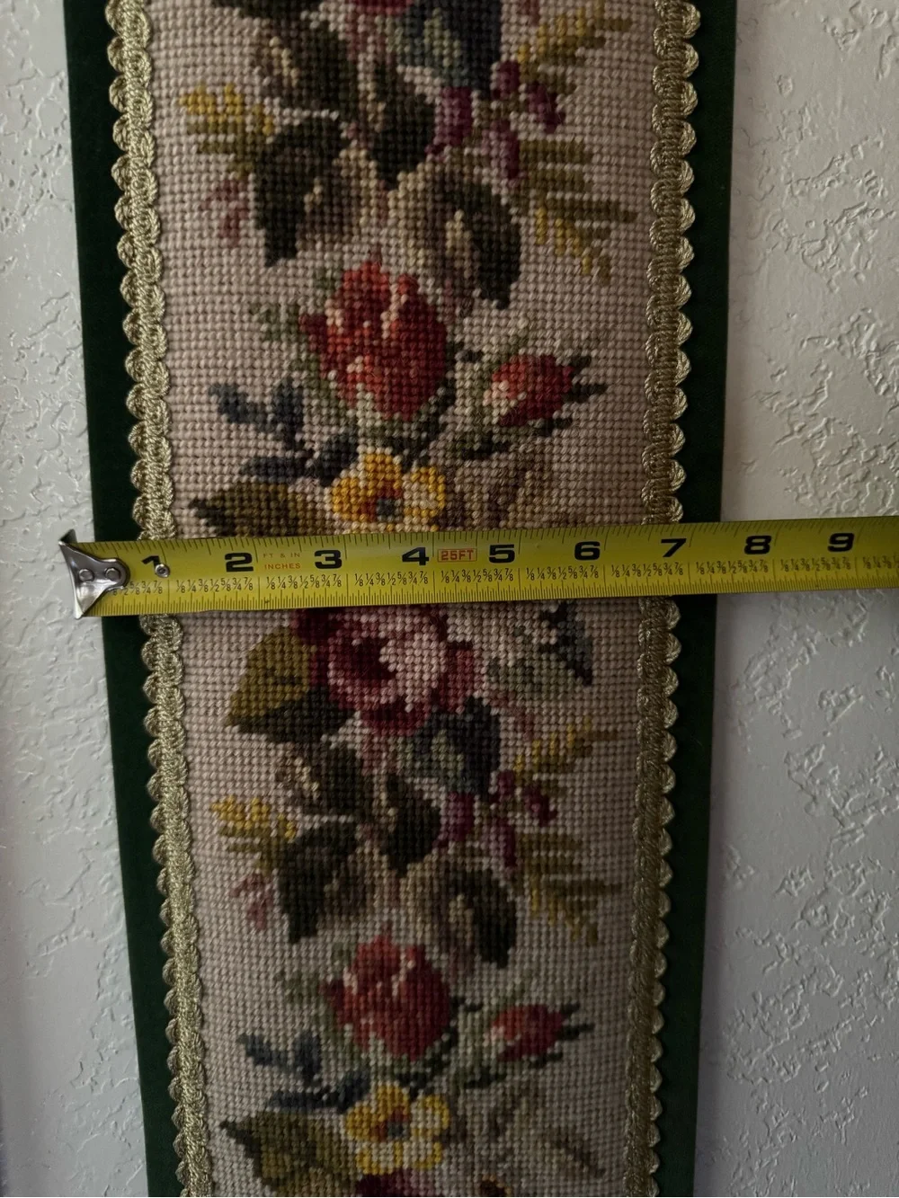 Vintage Floral Needlepoint Wall Tapestry in Green and Burgundy Floral design